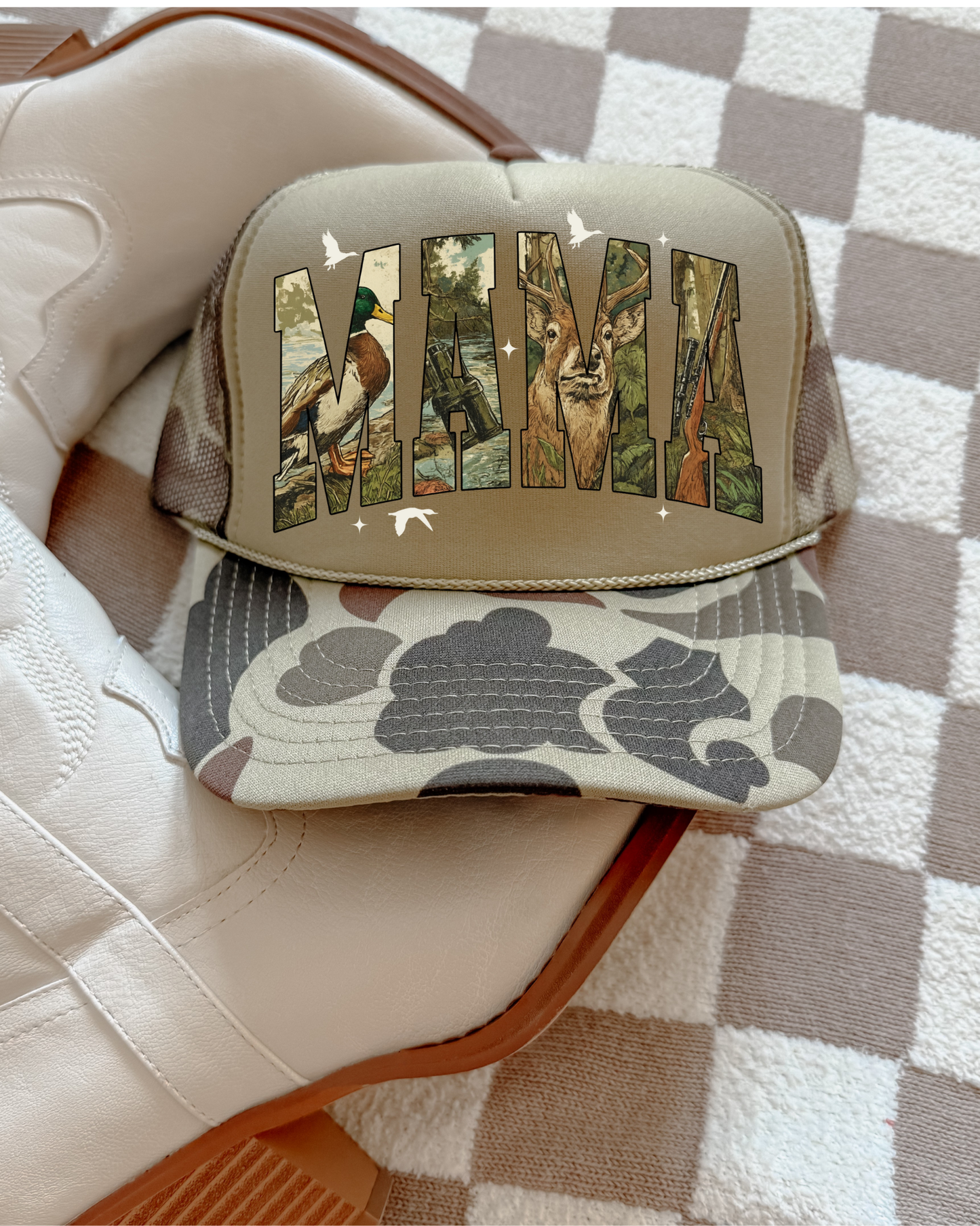 Hunting Mama DTF Green Camo Hat (TAT 15 BIZ DAYS)