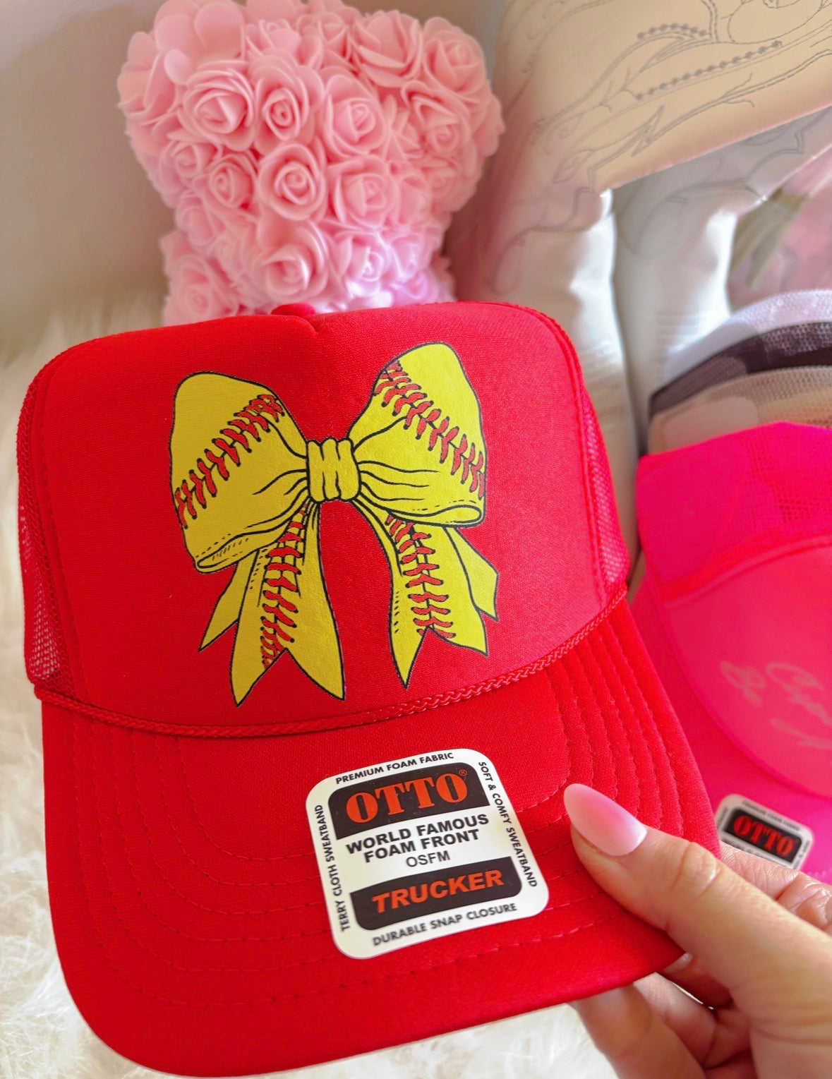 Softball Bow DTF Red Hat (TAT 15 BIZ DAYS)