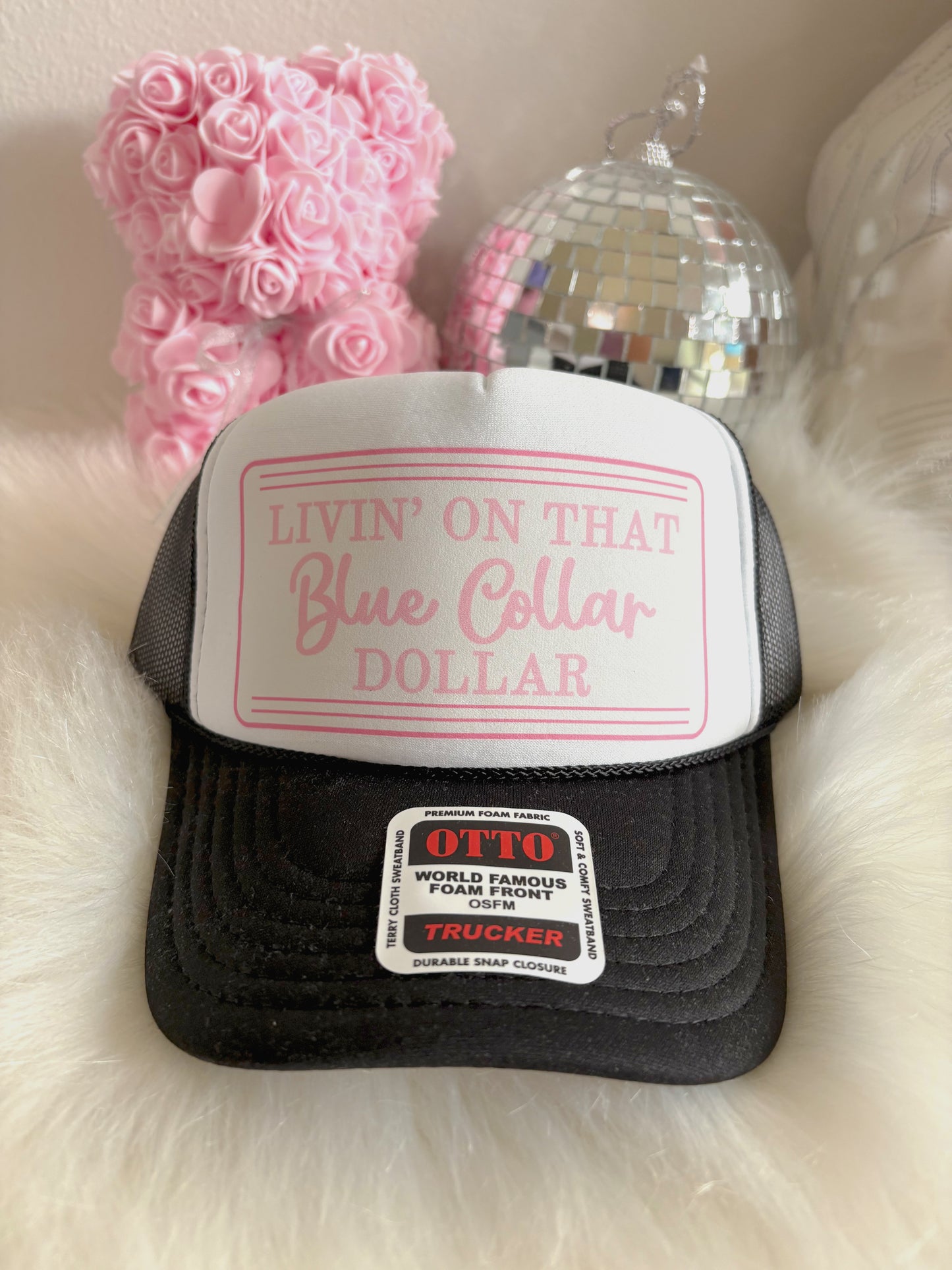 Livin' On That Blue Collar Dollar DTF Black + White Hat