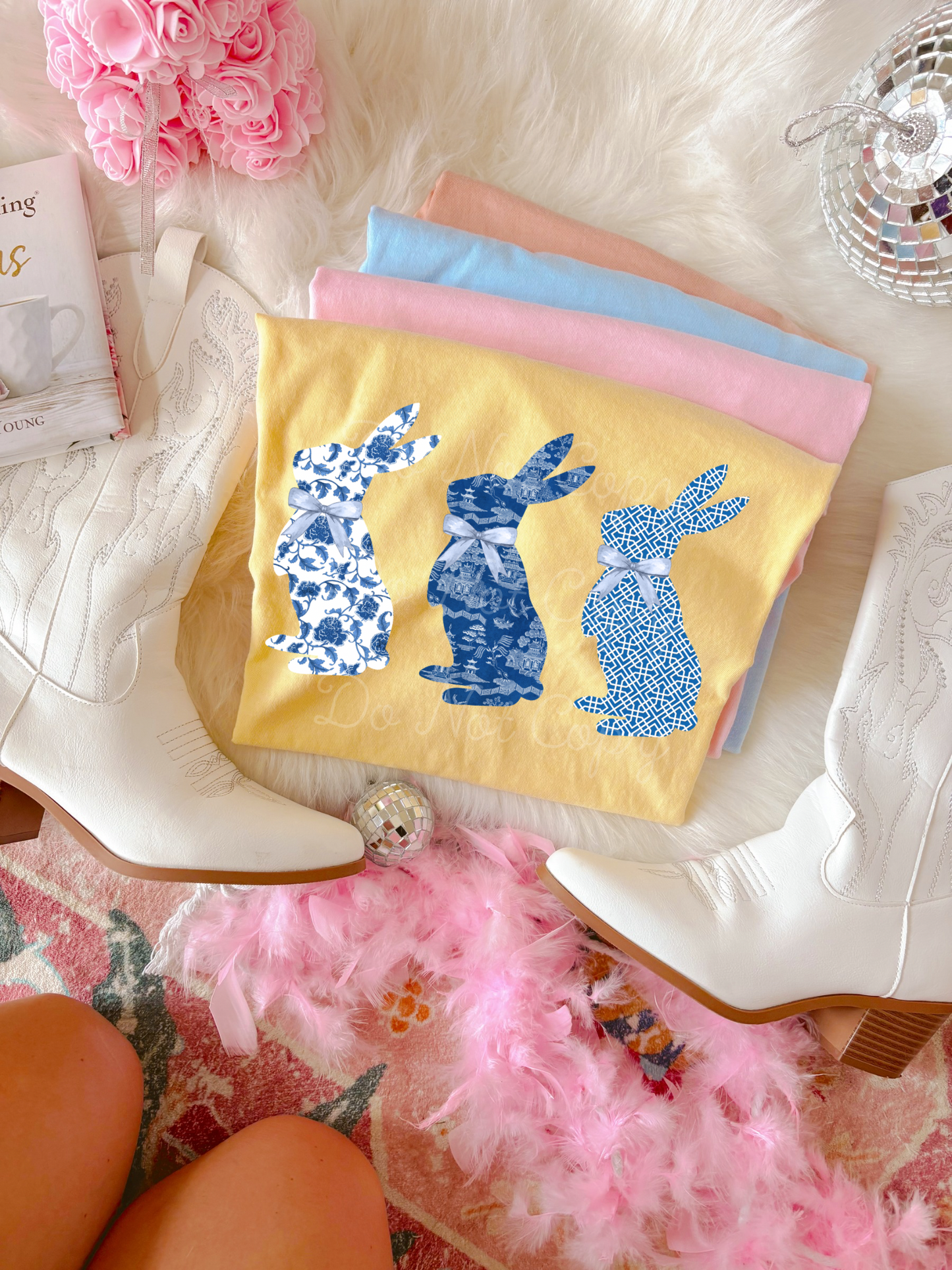 Blue Floral Easter Bunny Trio DTF Graphics