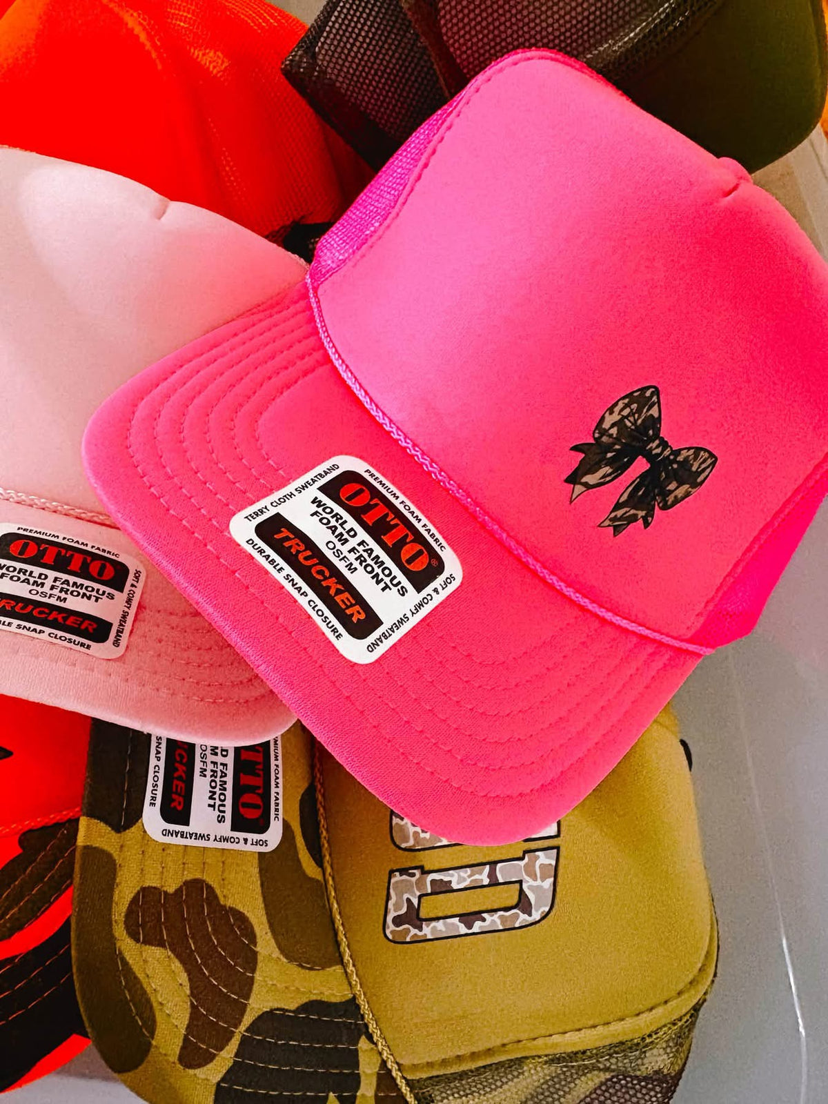 Small Camo Bow DTF Hot Pink Hat