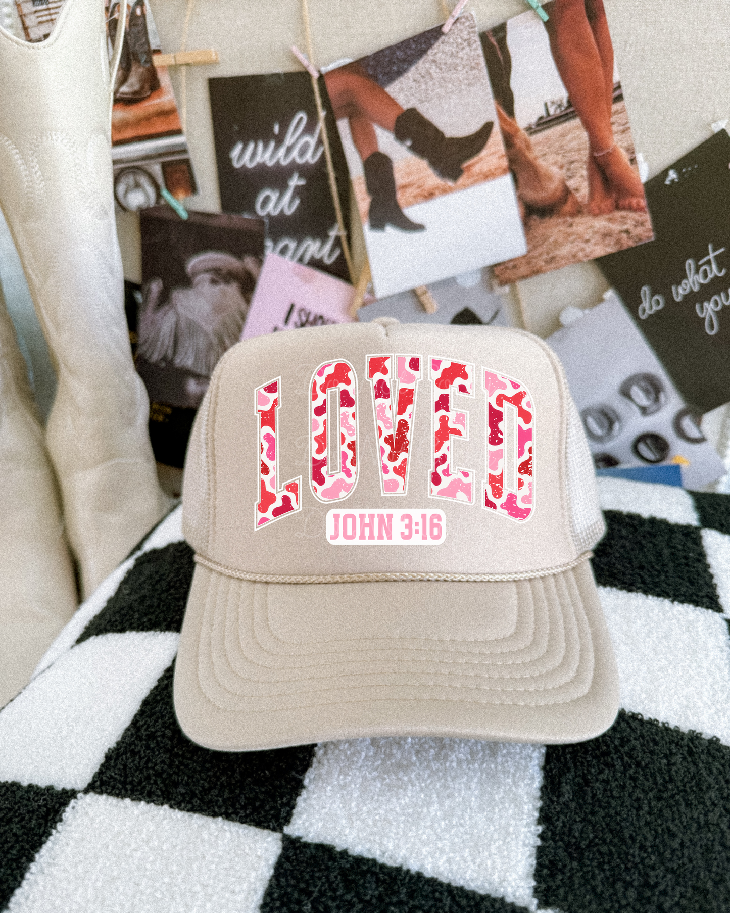 Valentine’s Camo Loved DTF Tan Hat (TAT 15 BIZ DAYS)