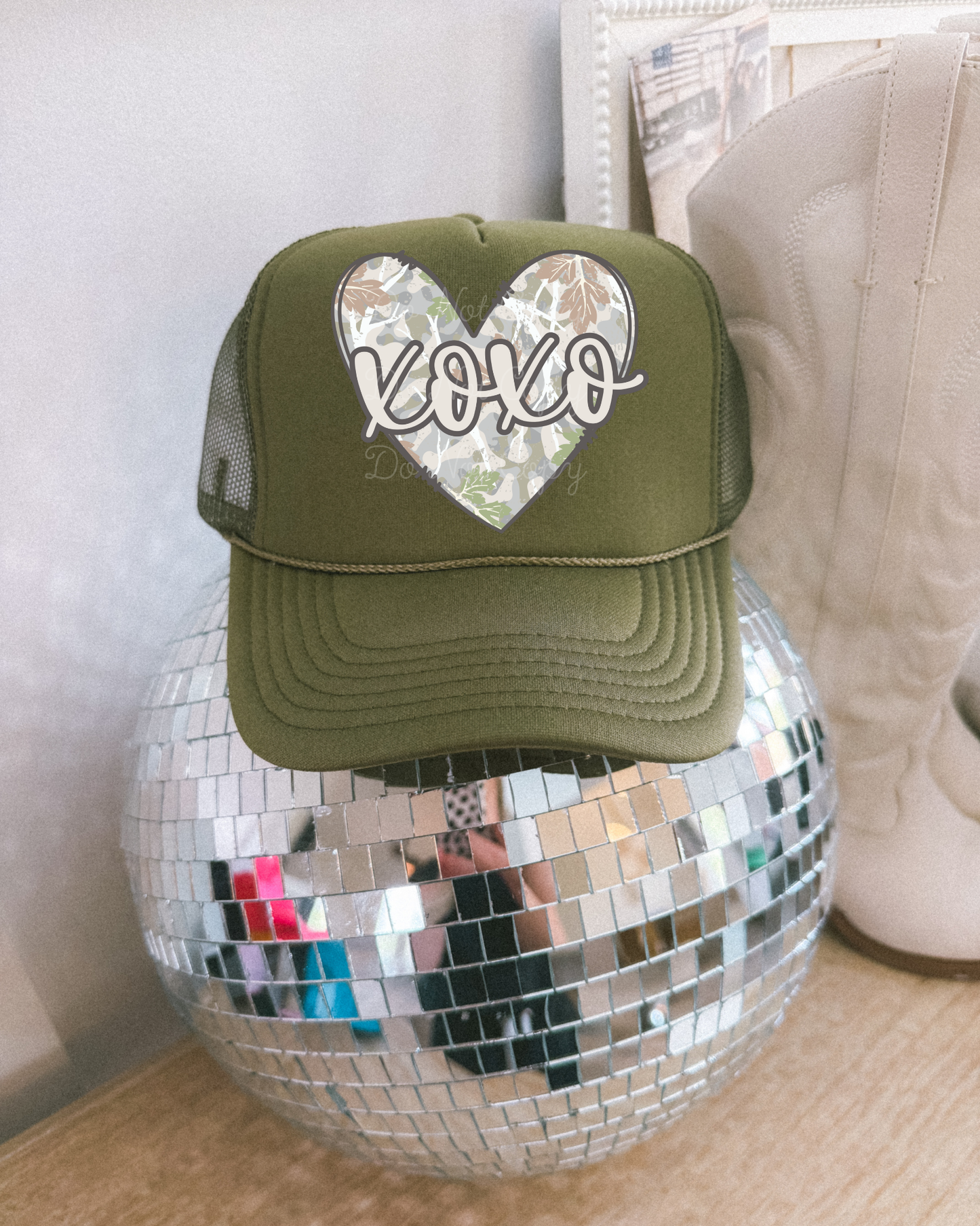 Xoxo Camo Heart DTF Olive Green Hat (TAT 15 BIZ DAYS)