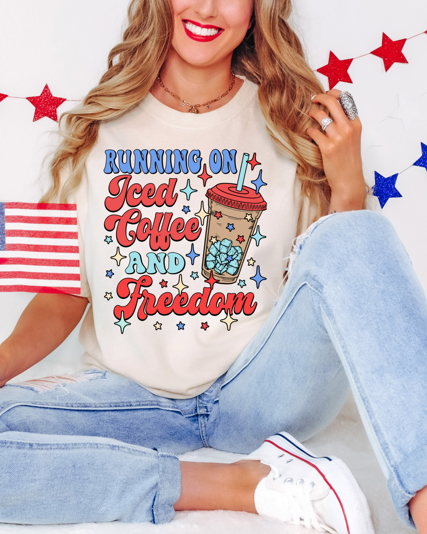 Running On Iced Coffee & Freedom Patriotic DTF Graphics