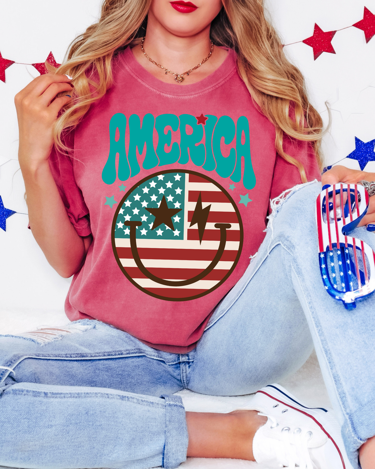 America Smiley Patriotic DTF Graphics On Crimson