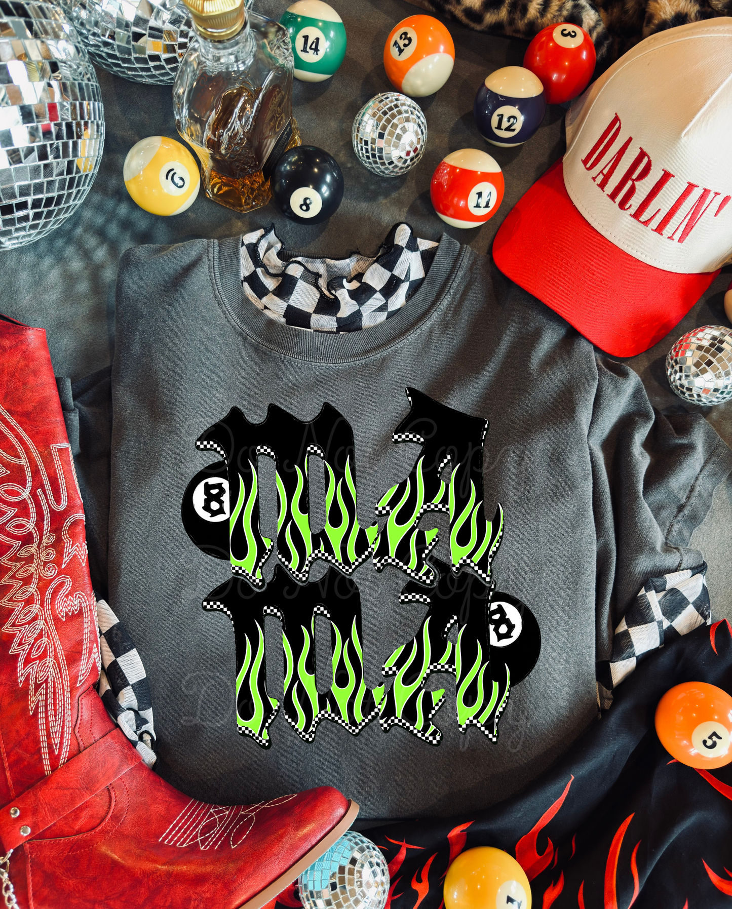 Mama Green Flame 8 Ball DTF Graphics