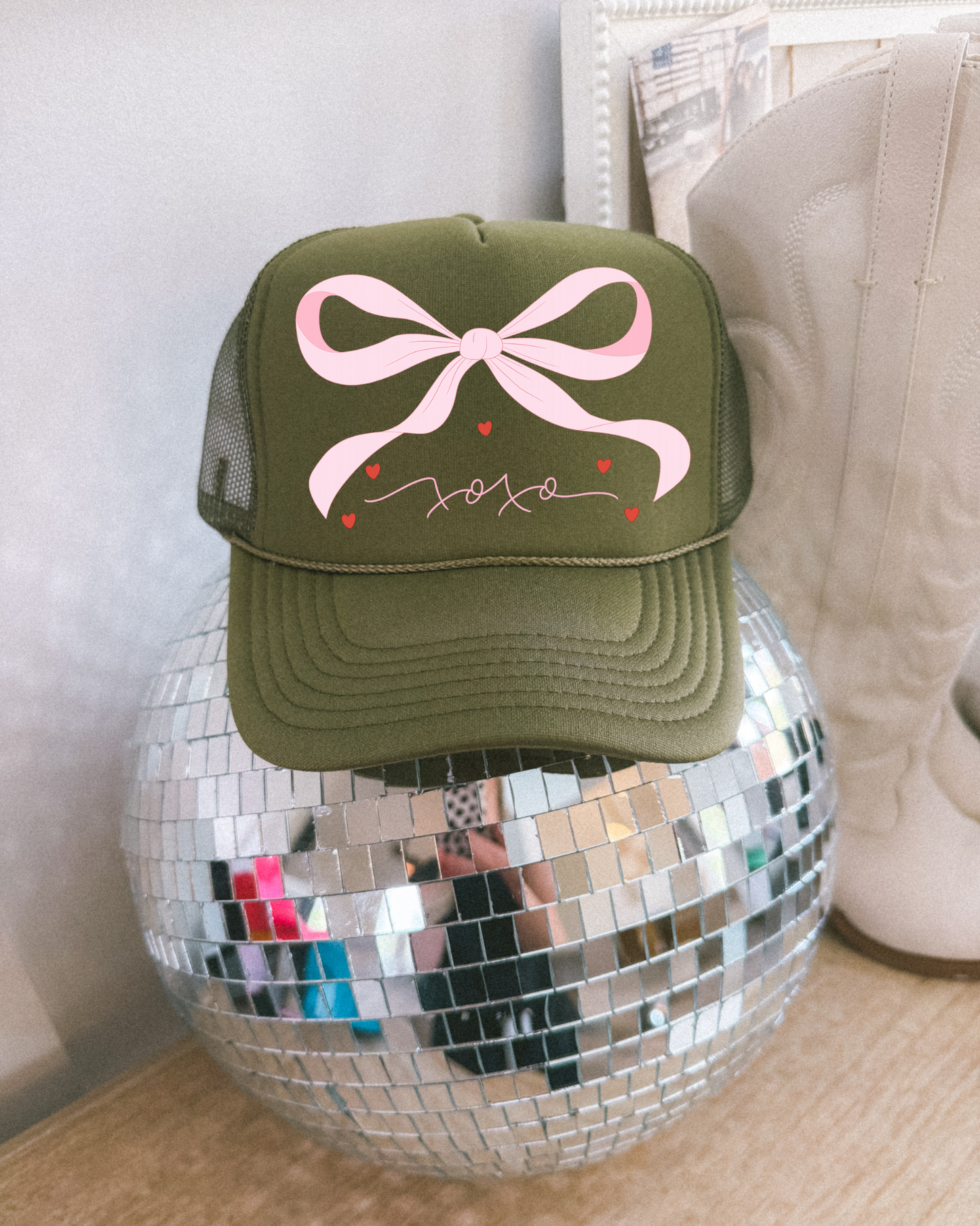 Xoxo Bow DTF Olive Green Hat (TAT 15 BIZ DAYS)