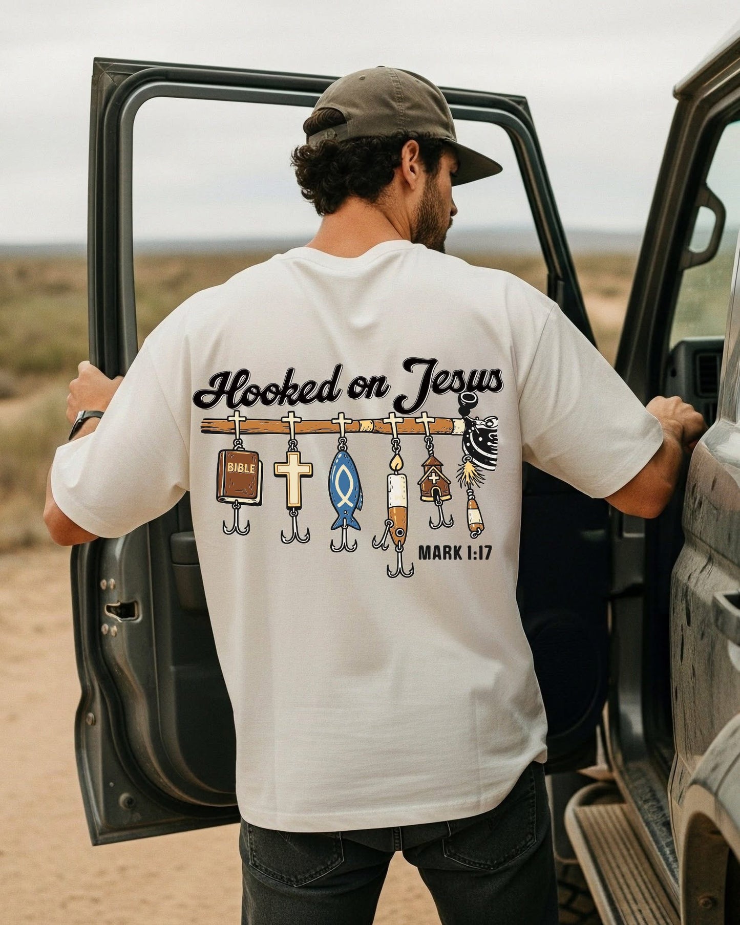 Hooked On Jesus (on back) DTF Graphics