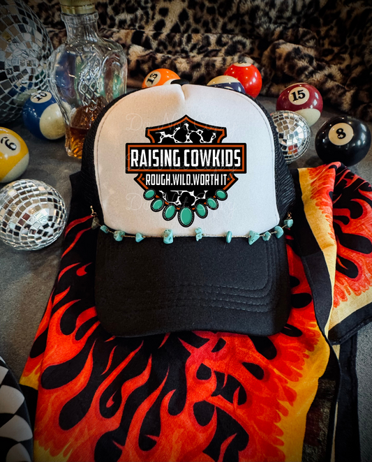 Raising Cowkids DTF Black + White Hat (TAT 15 BIZ DAYS)