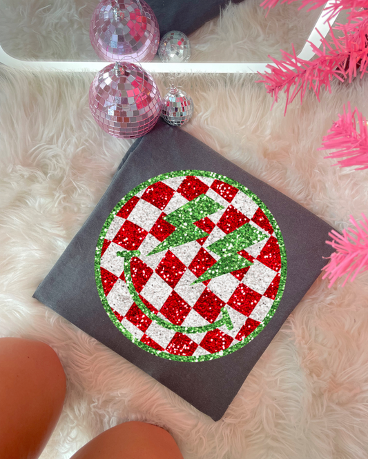Checkered Christmas Smiley Face DTF Graphics