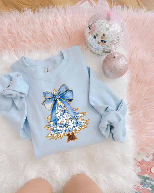 Blue Floral Gold Christmas Tree DTF Graphics