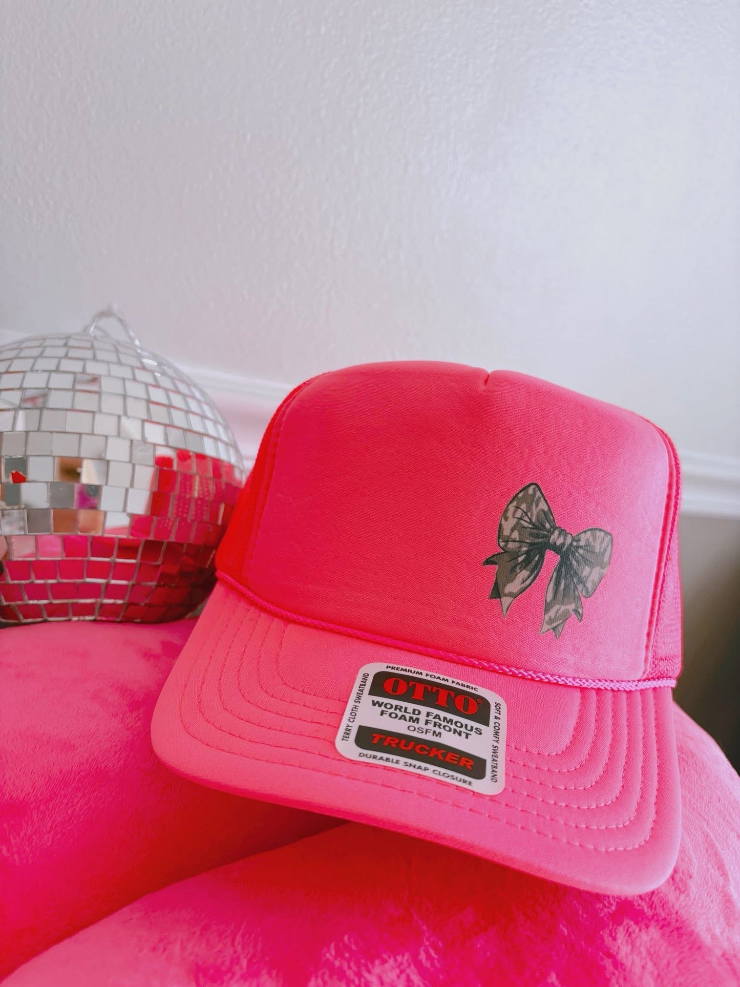 Small Camo Bow DTF Hot Pink Hat (TAT 15 BIZ DAYS)