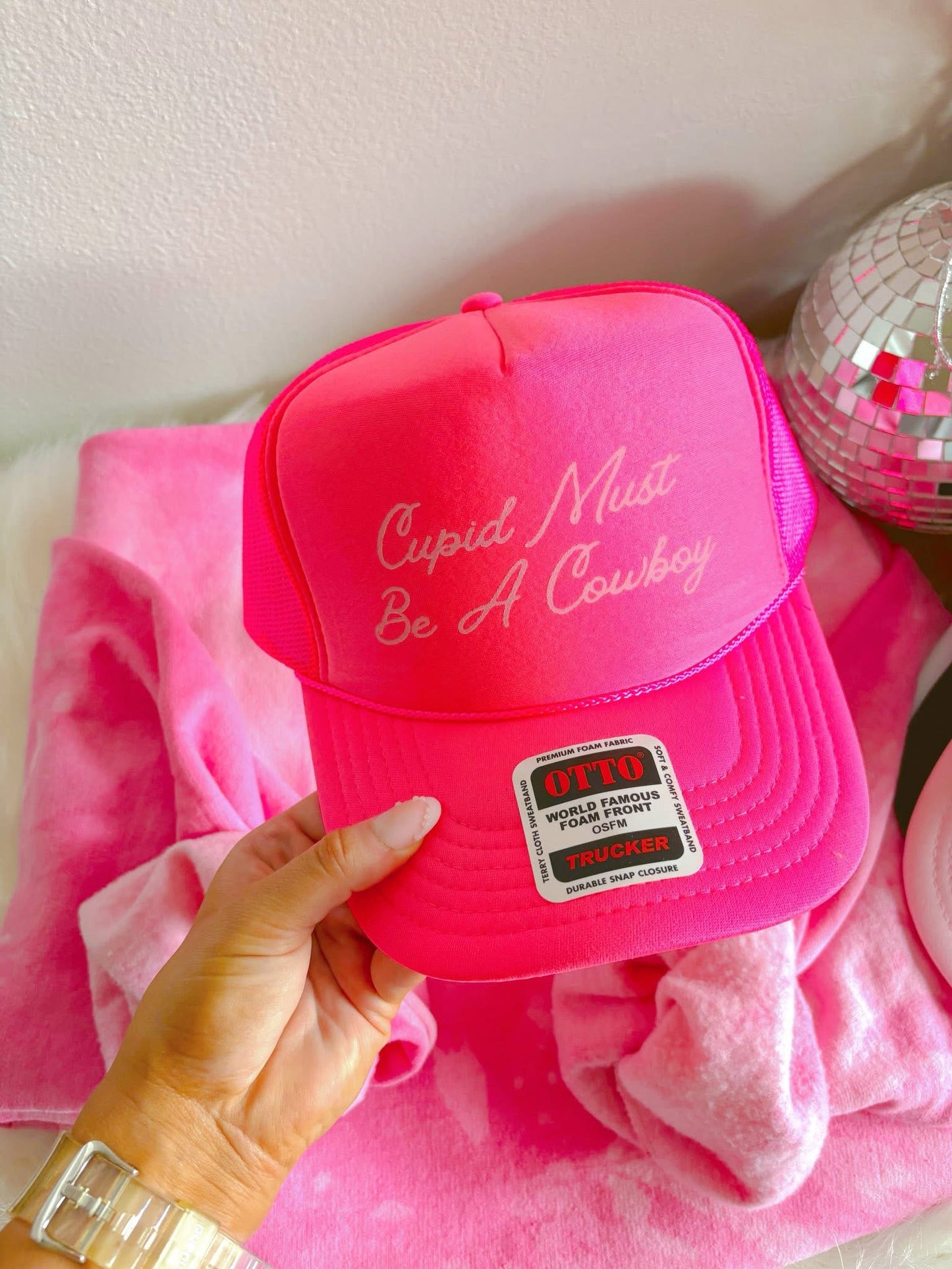 Cupid Must Be A Cowboy DTF Hot Pink Hat (TAT 15 BIZ DAYS)
