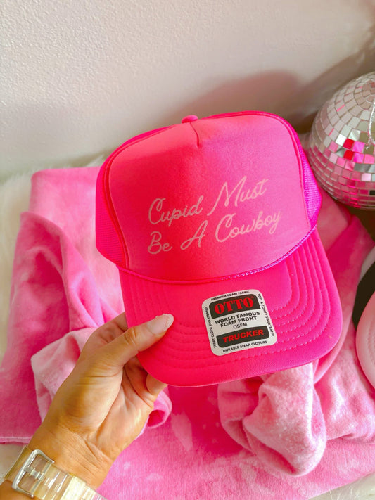 Cupid Must Be A Cowboy DTF Hot Pink Hat (TAT 15 BIZ DAYS)