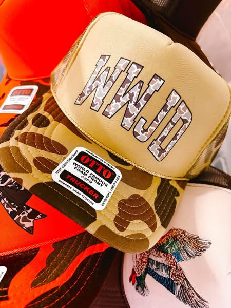 WWJD DTF Green Camo Hat