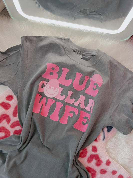 Blue Collar Wife Smiley Pink DTF Graphics On Pepper