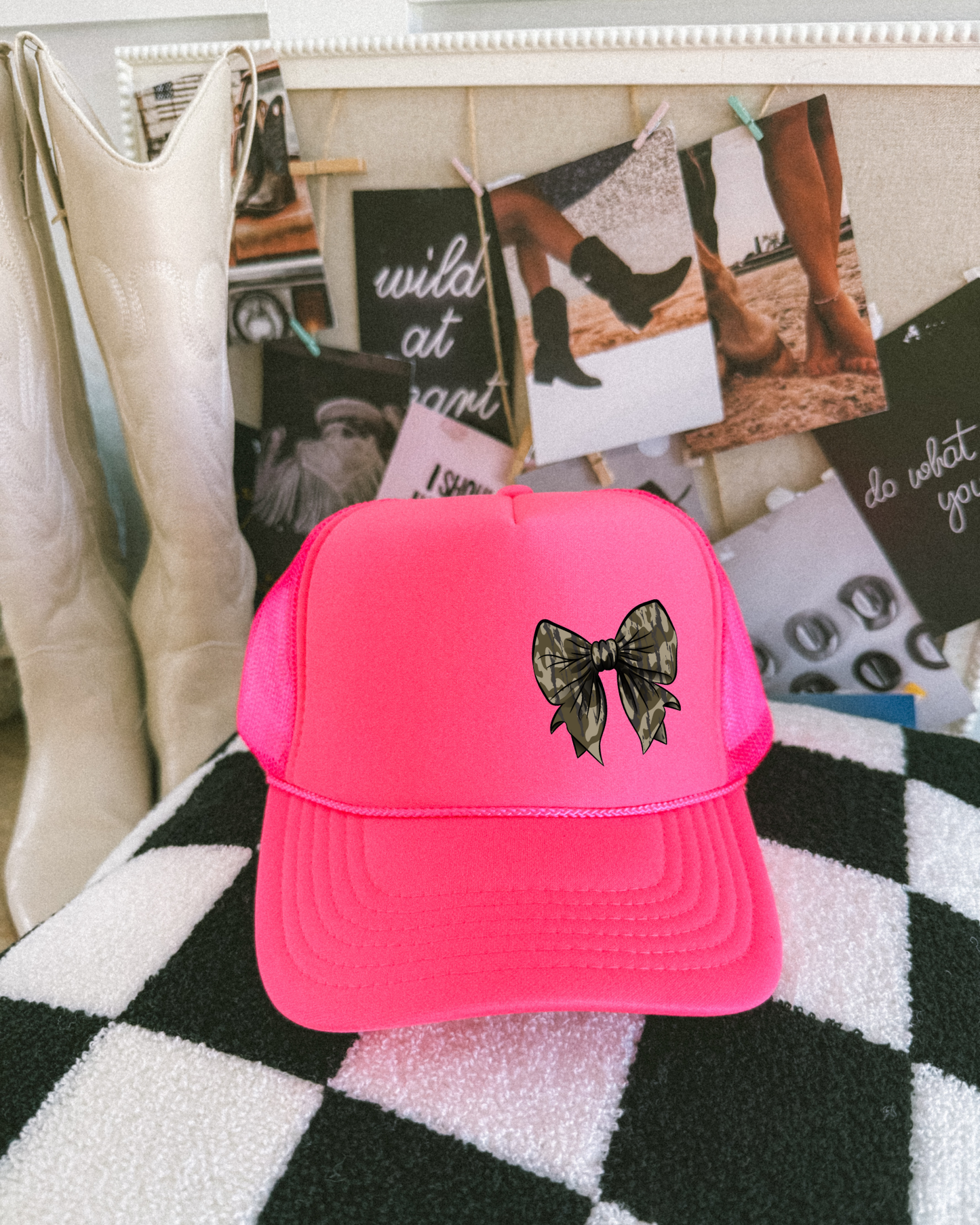 Small Camo Bow DTF Hot Pink Hat (TAT 15 BIZ DAYS)