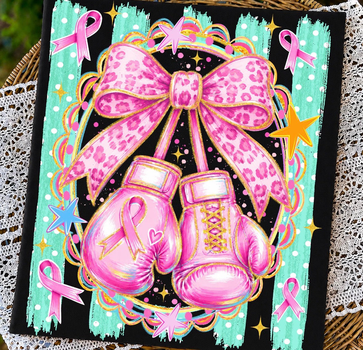 Breast Cancer Boxing Gloves, Stripes & Bow DTF Graphics