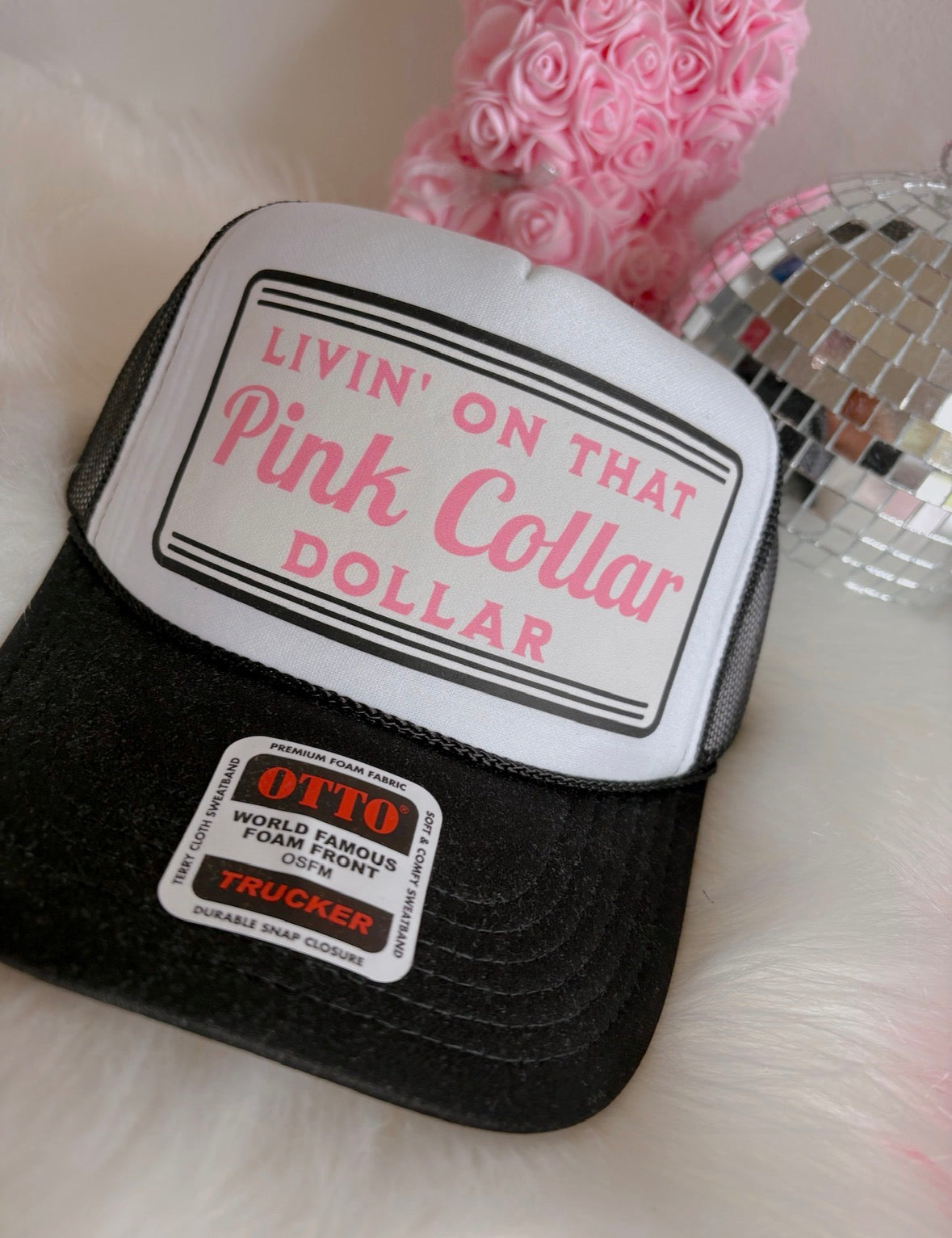 Livin' On That Pink Collar Dollar DTF Black + White Hat
