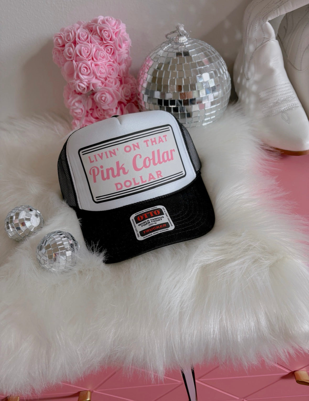 Livin' On That Pink Collar Dollar DTF Black + White Hat