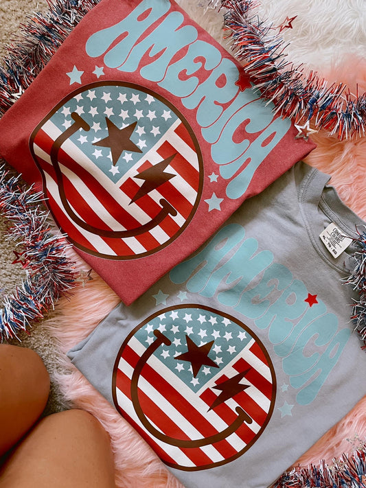 America Smiley Patriotic DTF Graphics On Crimson