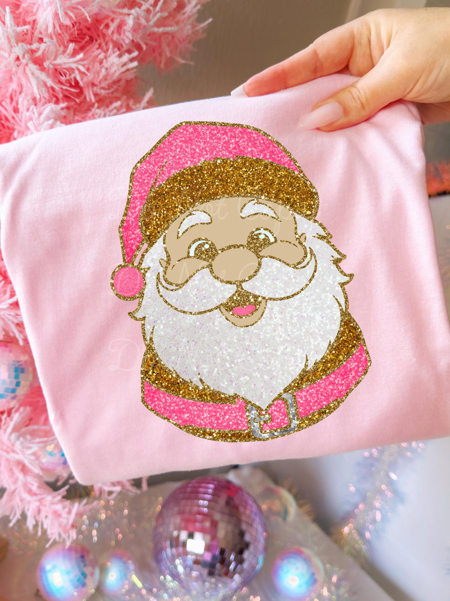 Faux Glitter Pink Santa DTF Graphics