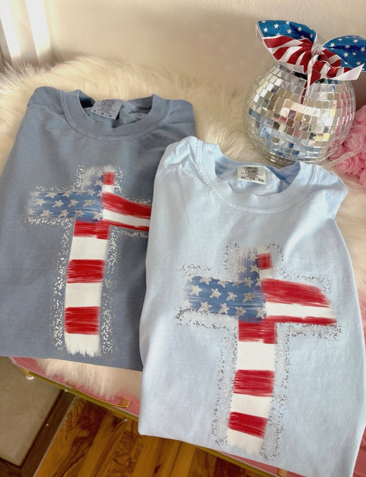 American Flag Cross DTF Graphics (Light Blue)