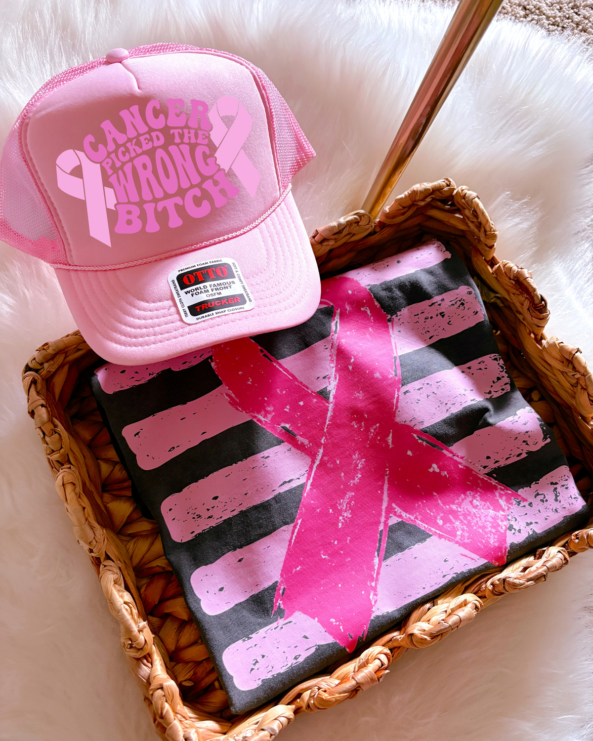 Cancer Pinked The Wrong Bitch DTF Light Pink Hat