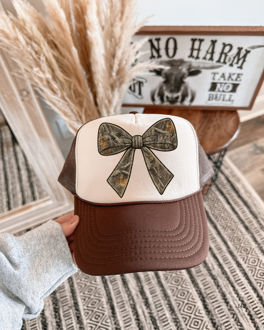 Camo Bow DTF Brown + Tan Hat (TAT 15 BIZ DAYS)