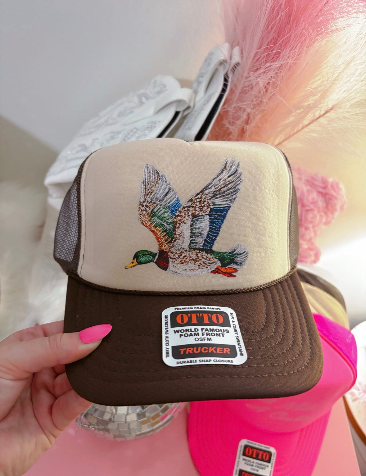 Faux Rhinestone Duck DTF Brown + Tan Hat (TAT 15 BIZ DAYS)