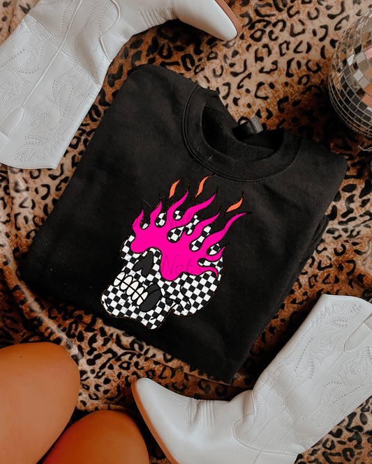 Checkered Skull Flames DTF Graphics