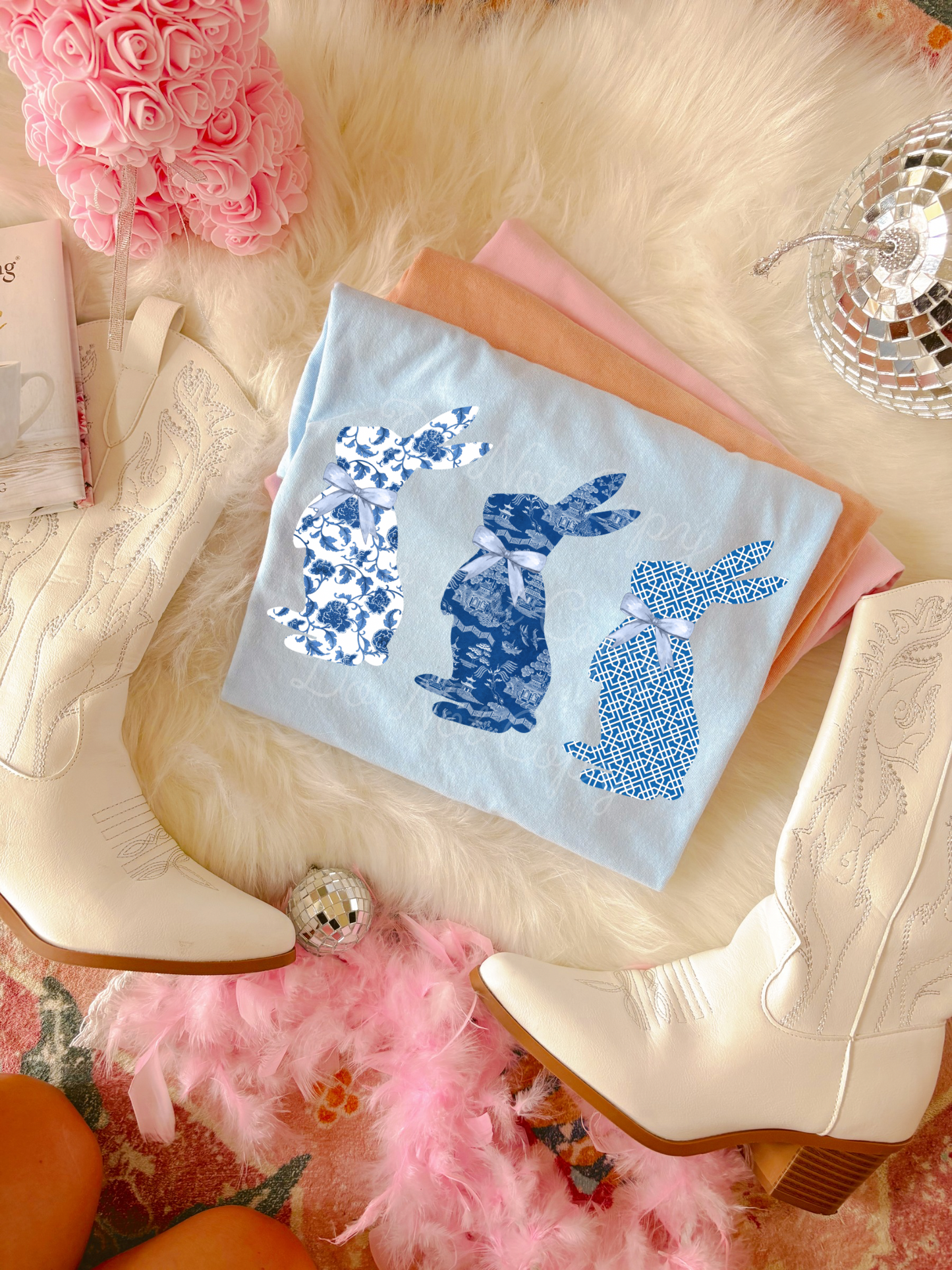 Blue Floral Easter Bunny Trio DTF Graphics