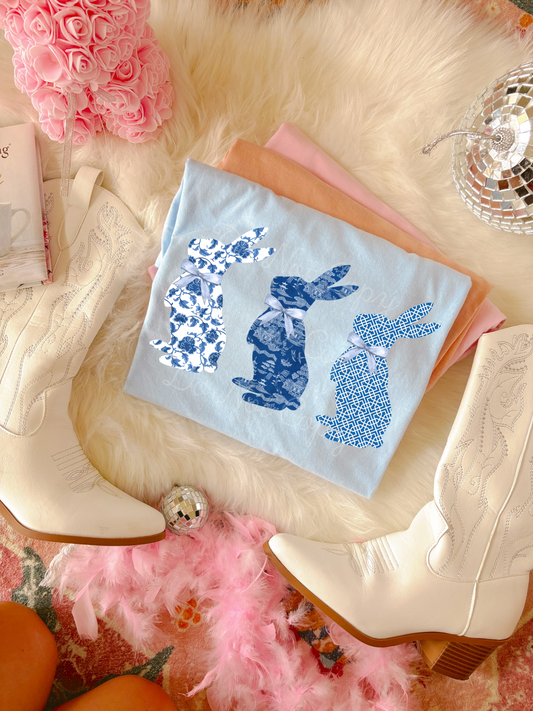 Blue Floral Easter Bunny Trio DTF Graphics