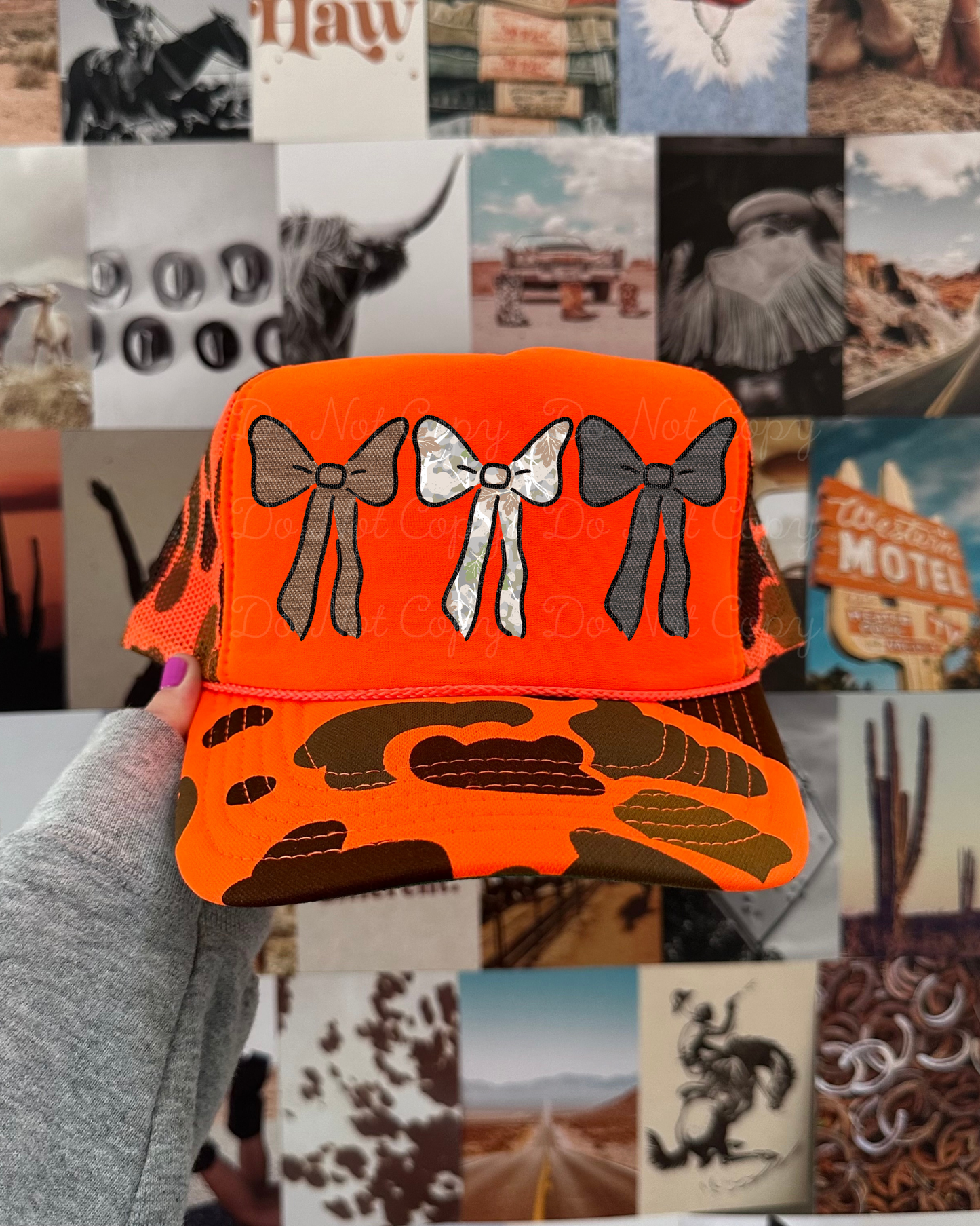 Camo Bow Trio DTF Orange Camo Hat (TAT 15 BIZ DAYS)