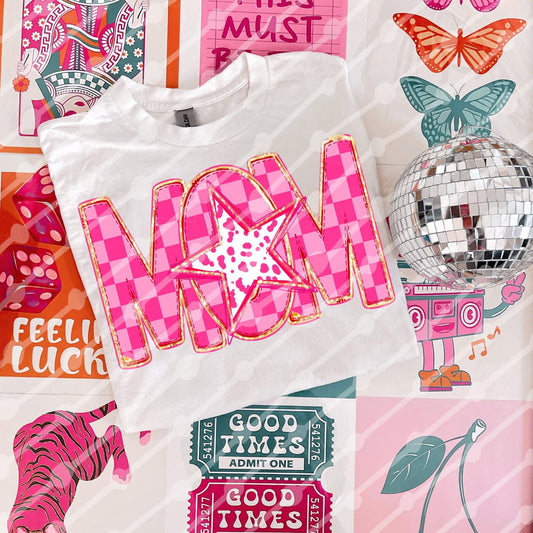 Pink Checkered Mom Star DTF Graphics