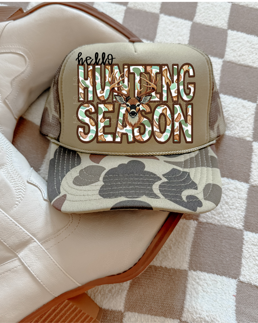 Hello Hunting Season DTF Green Camo Hat (TAT 15 BIZ DAYS)