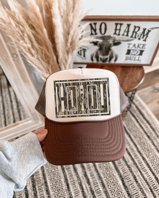 Camo Howdy DTF Brown + Tan Hat (TAT 15 BIZ DAYS)