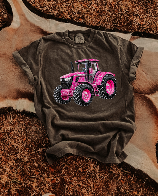 Pink Rhinestone Tractor DTF Graphics