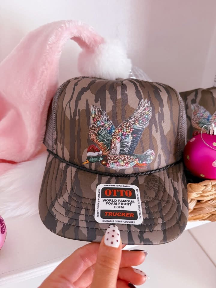 Faux Rhinestone Christmas Duck DTF Bottomland Camo Hat
