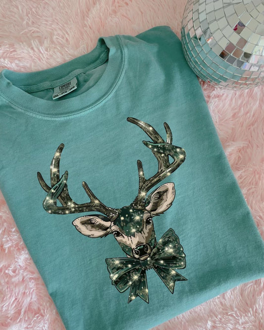 Deer Sparkly Bow DTF Graphics On Seafoam