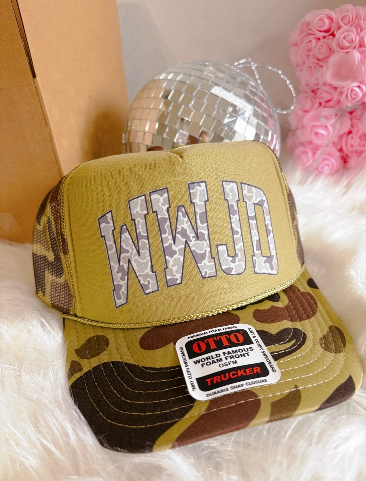 WWJD DTF Green Camo Hat (TAT 15 BIZ DAYS)