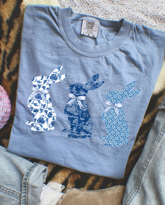 Blue Floral Easter Bunny Trio DTF Graphics